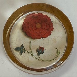 Vintage Paperweight Floral Felt Back Red Flower Disk Shape Rose Glass 2.75”